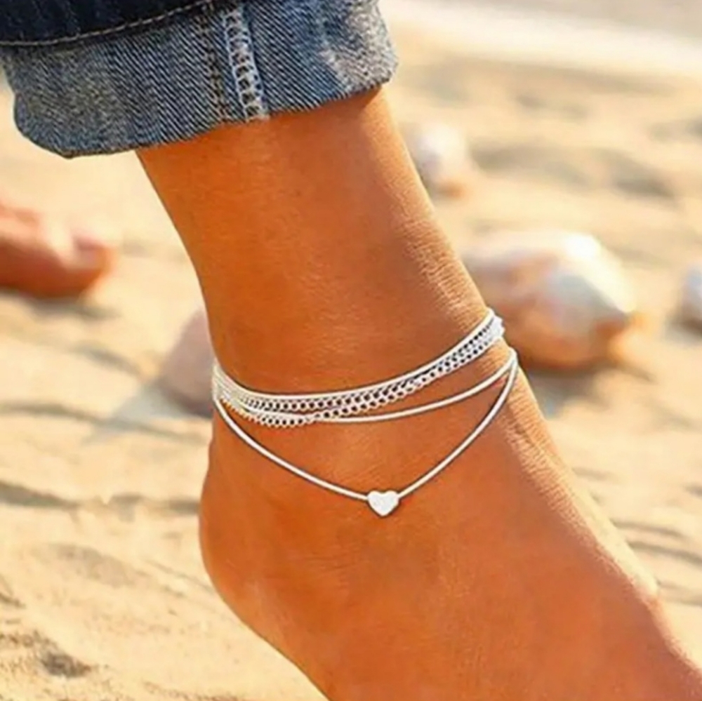 Layered Silver Heart Ankle Bracelet